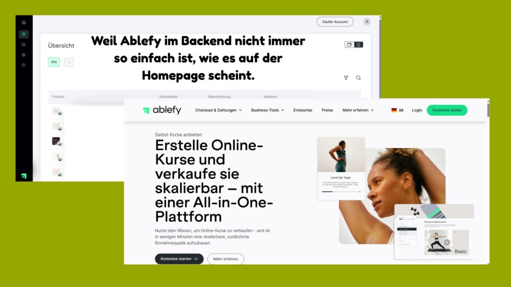 Bild von Ablefy Homepage und Backend